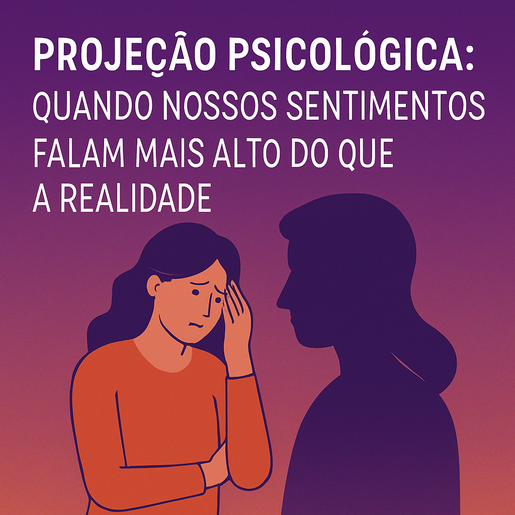 Ilustração de uma mulher preocupada, vestindo roupa laranja, olhando para uma silhueta sombria de si mesma, representando o conceito de projeção psicológica. O fundo tem um degradê em tons de roxo e laranja com o título 'Projeção Psicológica: Quando Nossos Sentimentos Falam Mais Alto do que a Realidade